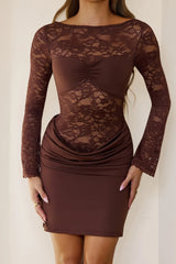 Electric Moon Lace Long Sleeve Mini Dress Brown