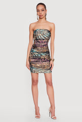 Palm Tree Print Mesh Ruched Mini Tube Dress