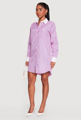 Striped Poplin Button Front Mini Shirt Dress