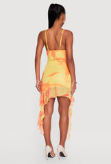 Floral Mesh Overlay Ruffle Trim Mini Dress