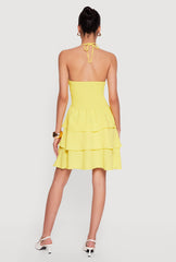Smocked Tiered Ruffle Halter Neck Mini Dress