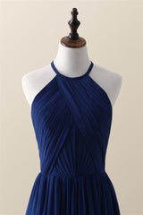 Halter Royal Blue Pleated Long Bridesmaid Dress