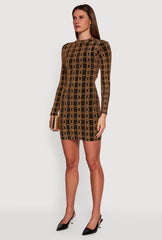 Geometric Lurex Long Sleeve Open Tie Back Mini Dress