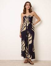 Printed Bandeau Tie Neck Shirred Jumpsuit