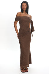 Aurora Sky Off-Shoulder Tie Maxi Dress Lace Chocolate