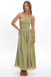 Andrina One-Shoulder Ruched Maxi Dress Olive