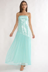 Azure Sun Drop Waist Split Maxi Dress Sequin Aqua