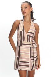 Teela Wrap Halterneck Mini Dress Print Mocha