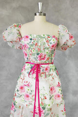 Strapless Floral Embroidery Long Dress with Short Sleeves