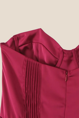Strapless Burgundy Pleated A-line Midi Dress