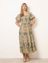 Abstract Print Puff Sleeve Midi Dress