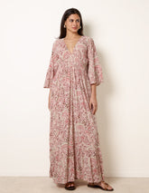 Printed Shirred Waist V Neck Maxi Dress