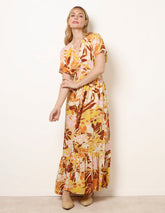 Tropical V Front Shirred Waist Maxi Dress