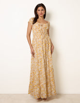 Double Front Tie Shirred Ditsy Floral Maxi Dress