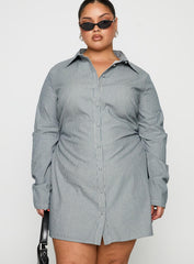 Publicity Long Sleeve Mini Dress Blue Pinstripe Curve
