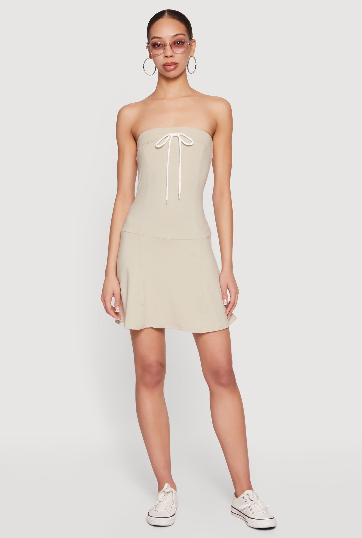 Faux Drawstring Tie Front Strapless Mini Dress