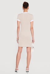 Contrast Trim Ribbed Knit Mini Dress with Faux Buttons