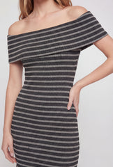 Striped Rib Knit Fold Over Off The Shoulder Mini Dress