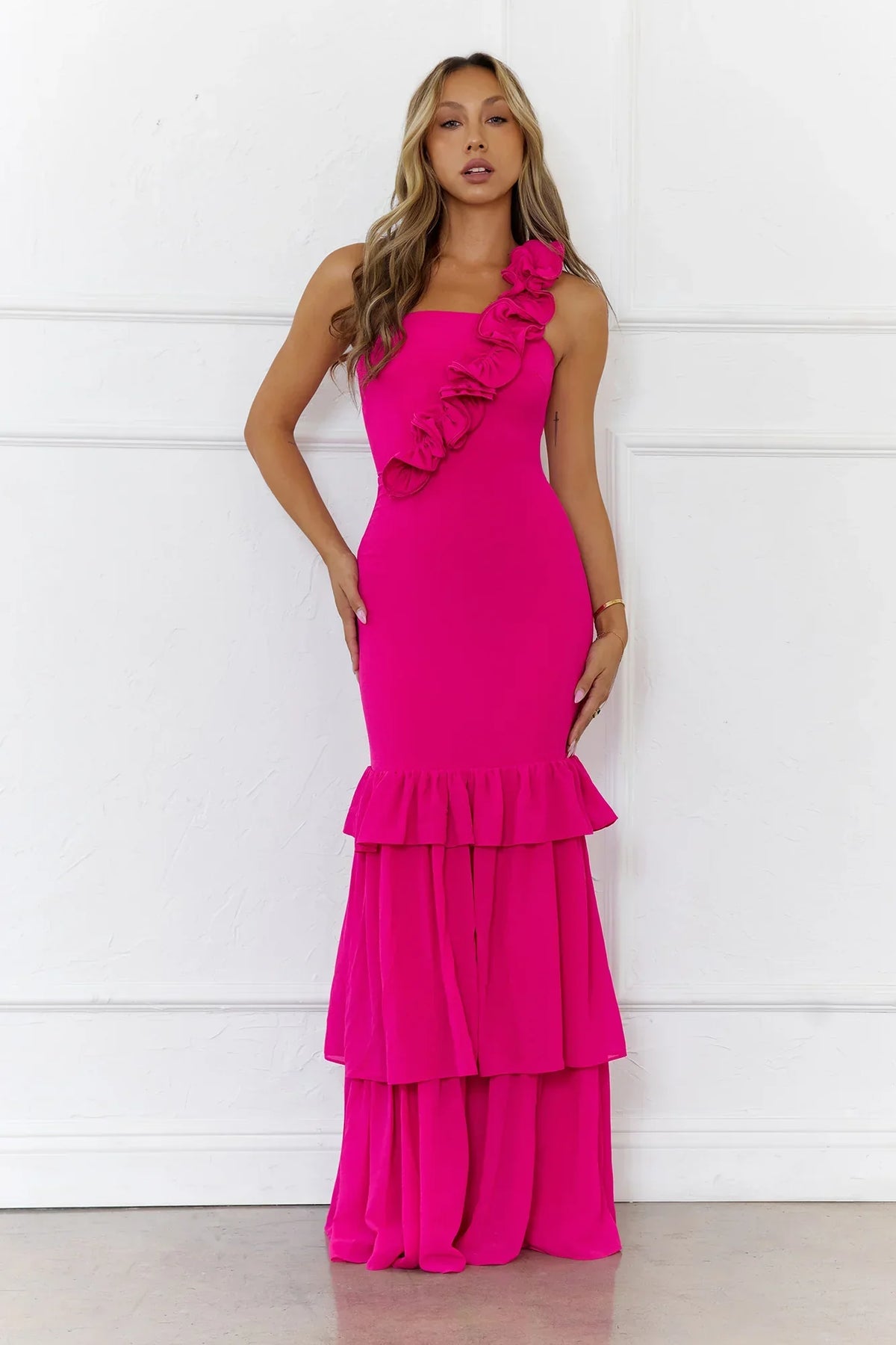 Blooming In Summer One Shoulder Maxi Dress Pink