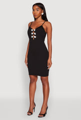 Sleeveless Crepe Knit Mini Dress with Rhinestone Bows