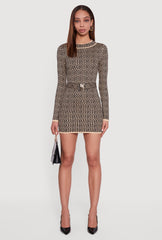 Greek Key Belted Front Long Sleeve Sweater Dress