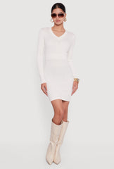Greek Key Rib Knit Long Sleeve V-Neck Sweater Dress