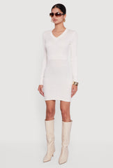 Greek Key Rib Knit Long Sleeve V-Neck Sweater Dress