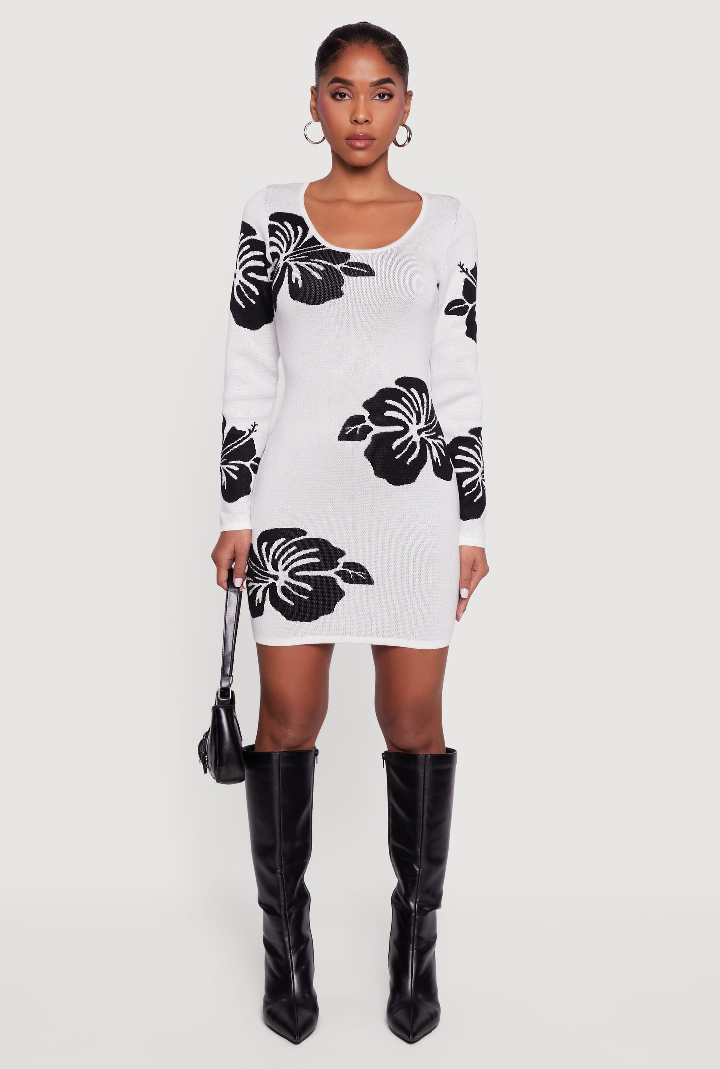 Long Sleeve Scoop Neck Printed Pattern Sweater Dress