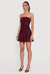 Glitter Floral Ruched Strapless Mini Dress