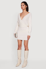 Faux Pearl Studded Faux Wrap Sweater Dress