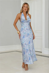 Dreamy Bloom Halter Cowl Maxi Dress Blue