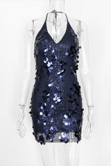 Halter Navy Blue Sequin Tight Short Dress