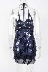Halter Navy Blue Sequin Tight Short Dress