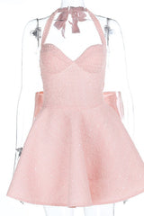 Halter Pink A-line Short Dress with Bow