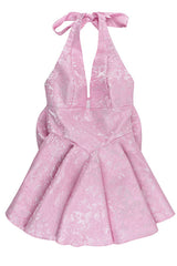 Halter Pink Plunge Short A-line Bow Dress