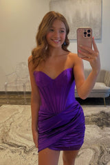 Strapless Fuchsia Ruched Short Dress with Boning