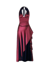 Halter Navy Blue Satin Frill Long Dress