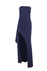 Strapless Burgundy Pleated Long Dress with Slit
