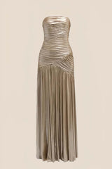 Strapless Champagne Pleated Fitted Long Prom Dress