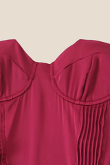 Strapless Burgundy Pleated A-line Midi Dress