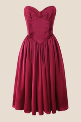 Strapless Burgundy Pleated A-line Midi Dress