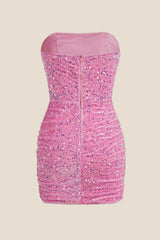 Strapless Fuchsia Bodycon Sequin Short Dress