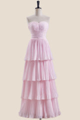 Strapless Burgundy Pleated Tiered Long Party Dress