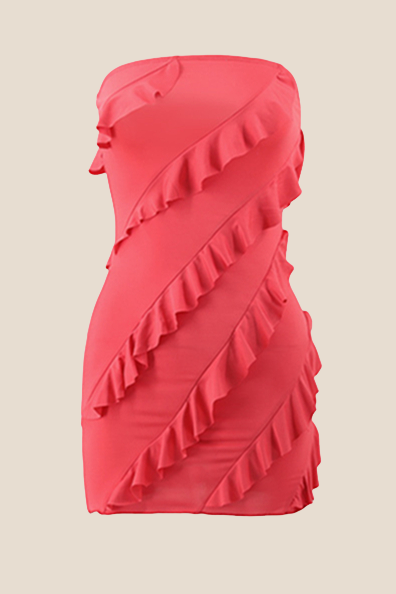 Strapless Coral Ruffled Bodycon Short Dress