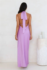 Delicate Dazzle Halter Satin Maxi Dress Purple